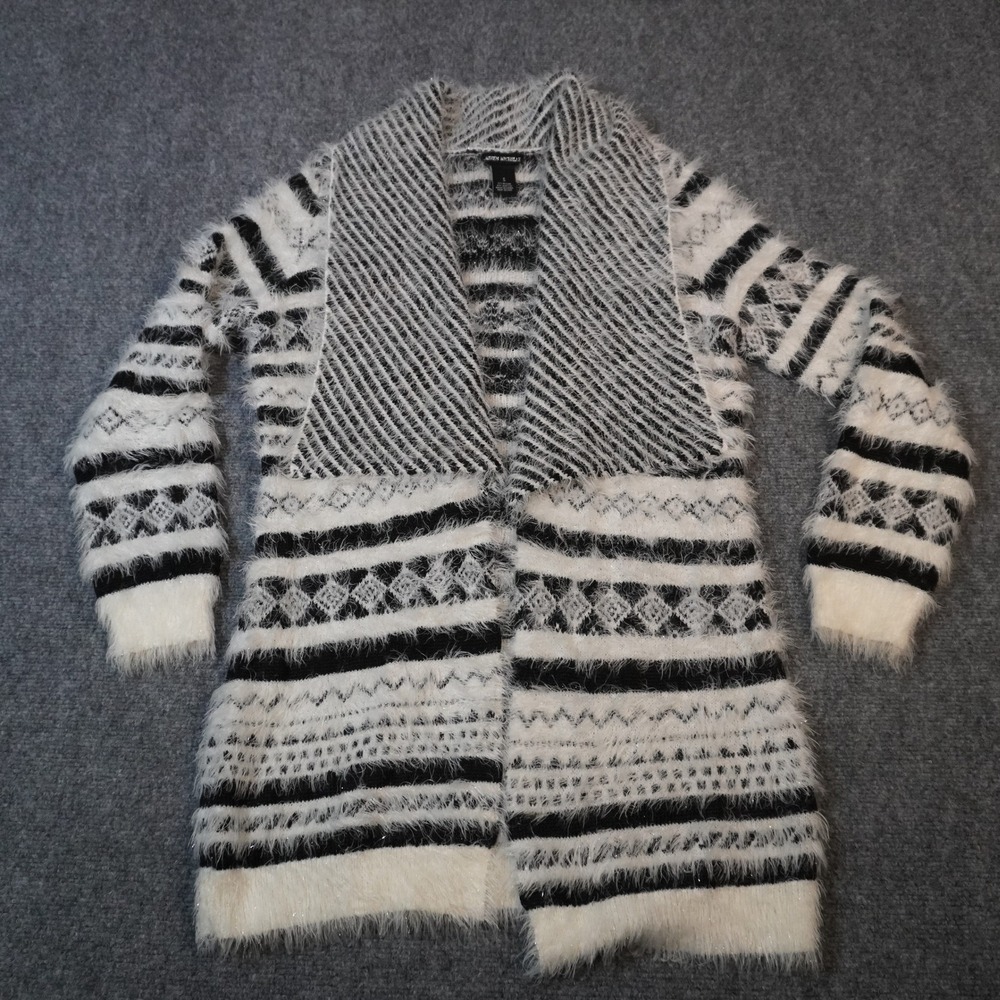 Lauren Michelle Cardigan Sweater S Small Black White Fuzzy Knit Open Front